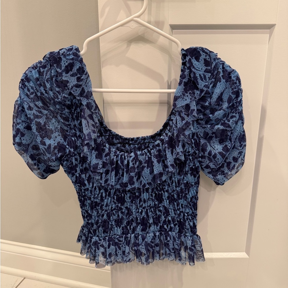Misa Los Angeles Blue Floral Smocked Puff Sleeve Top - Picture 3 of 4